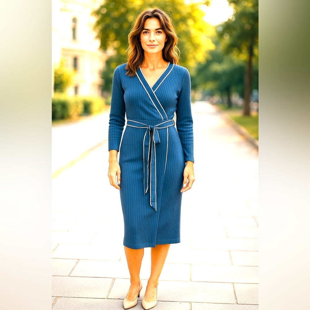 V for City Blue Knit Midi Sweater Dress L Women‎ Body-con Ribbed Career NEW